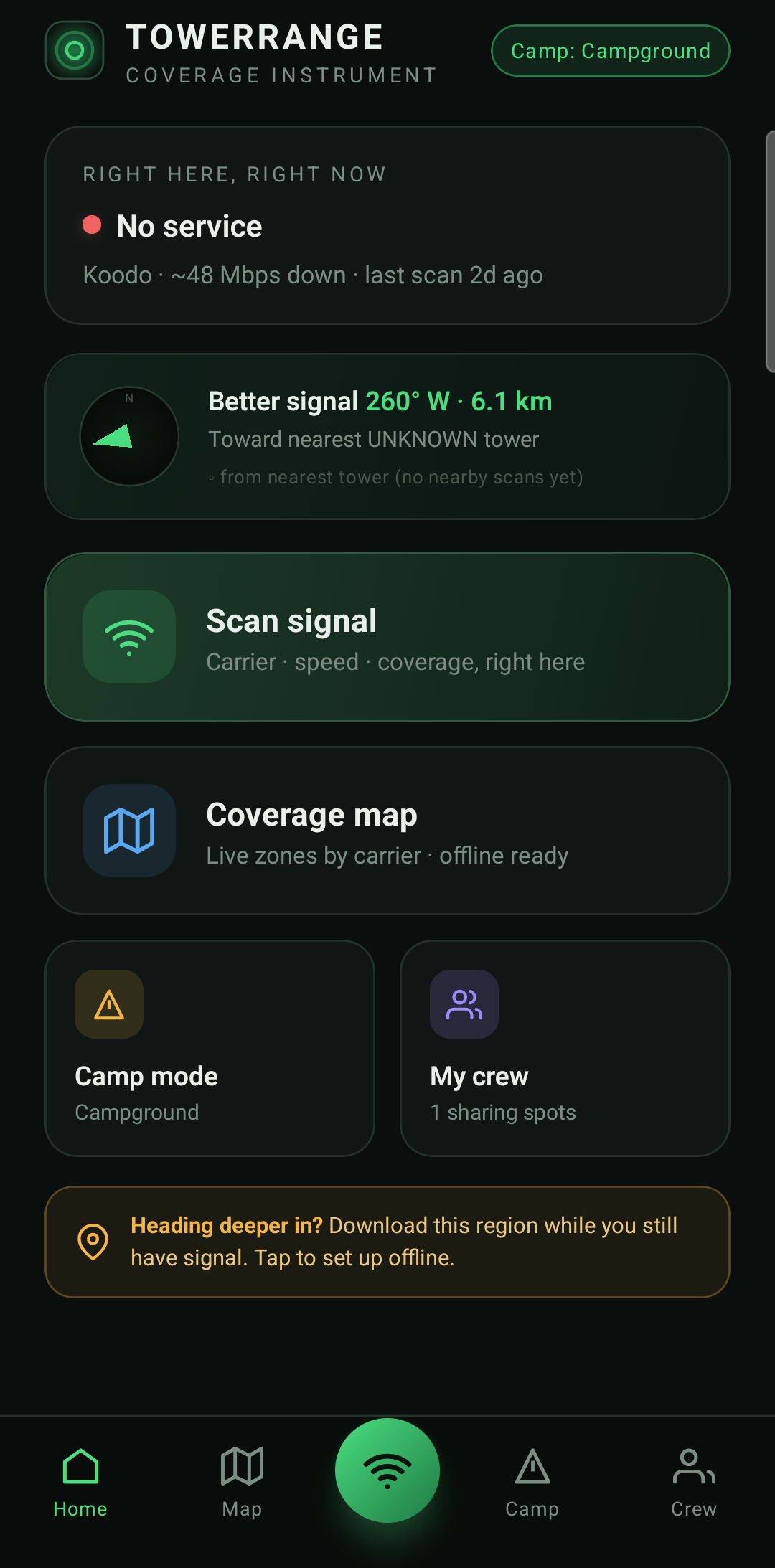 TowerRange main menu — live signal status, nearest signal, and quick actions