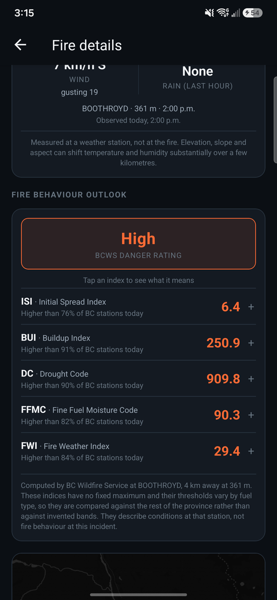 Fire behaviour indices with danger rating